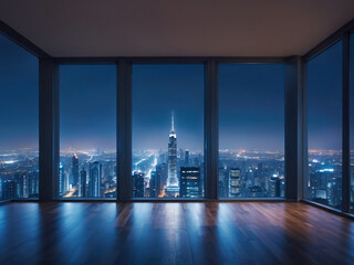 Fototapeta na wymiar Empty room in a skyscraper with a view of the night city. Expensive property with a beautiful view.