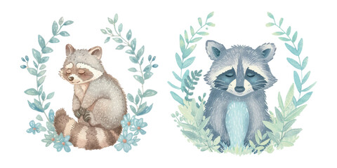 cute raccoon watercolour vector illustration