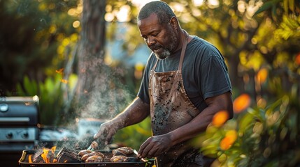 Portrait of a African man busy with barbeque in garden with a big empty space for product or text, Generative AI.