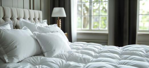 Clean and fresh bedding with white pillows on a design bed in the bedroom. Modern interior and clean household.