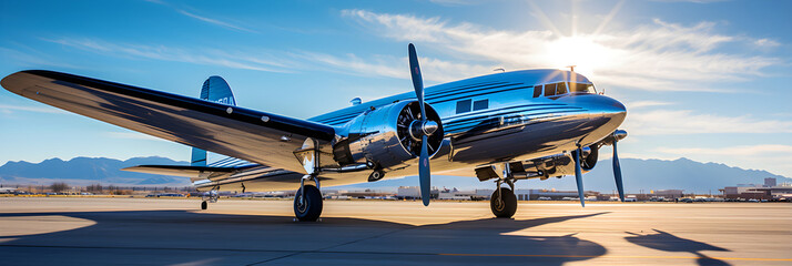 Vintage Aero Plane on Runway under the Clear Blue Sky- A Blend of Modern Engineering and Classic Design - obrazy, fototapety, plakaty