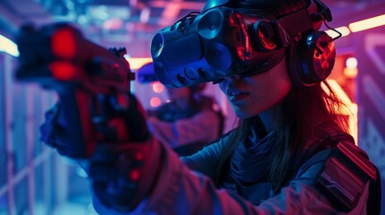 Players in VR Headset Engaged in a Virtual Reality Shooter Game, Futuristic Weapons and Environment. Immersive Gaming Experience, Neon Lit Arena, AI Generated