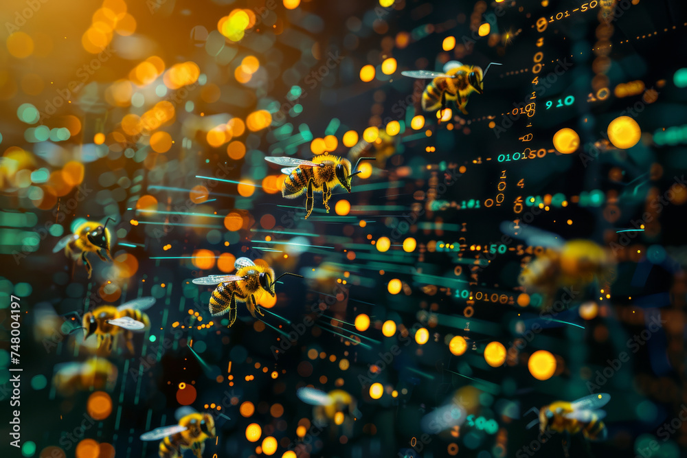Poster a bunch of bees are flying in front of a binary background