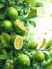 Fresh Lime Fruit with Dew on Vibrant Leaves