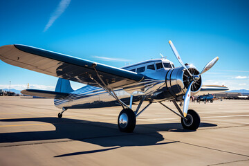 Vintage Aero Plane on Runway under the Clear Blue Sky- A Blend of Modern Engineering and Classic Design