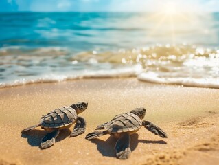 Two sea turtles crawling on the sand to the seawater