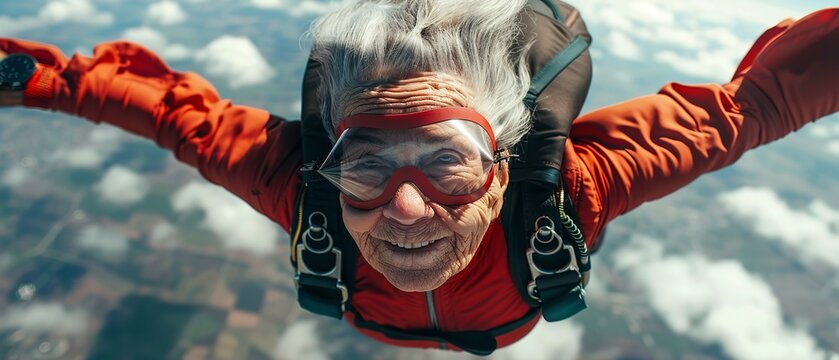 Portrait of a old happy woman sky diving happy woman with a big space and a blurry backdrop, Generative AI.