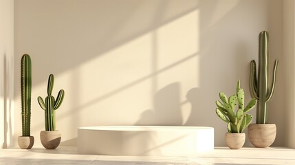 minimalist stage with cacti in modern white pots under soft natural light