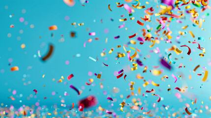 Naklejka premium Colorful Confetti Celebration, Party Background in Blue, Festive Event Decoration, Joyful Birthday Atmosphere