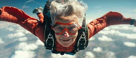 Fotobehang Portrait of a old happy woman sky diving happy woman with a big space and a blurry backdrop, Generative AI. © Grandpas