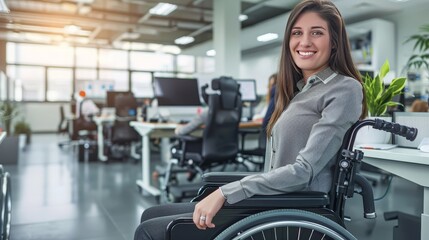 Fototapeta na wymiar A cheerful businesswoman in a wheelchair working happily in a modern office environment