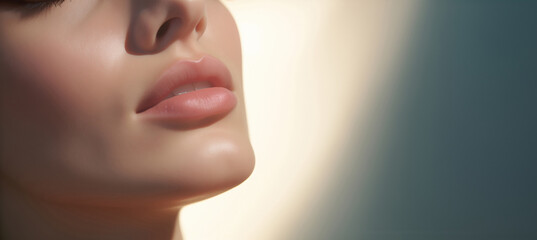 Close up of beautiful lips. Skin and plump lips with natural makeup. Part of face. Make-up concept. Banner. - obrazy, fototapety, plakaty