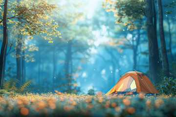Immerse yourself in the tranquility of nature with a camping background featuring a blurred forest scenery and a tent - obrazy, fototapety, plakaty