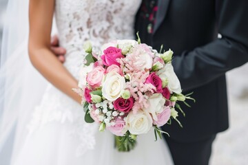 Obraz na płótnie Canvas a bride and groom holding a bouquet of flowers
