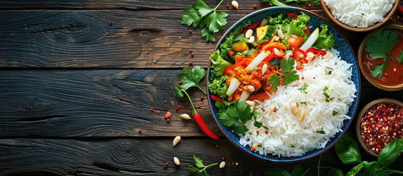 A plate containing white rice and Tabula salad, accompanied by Mehshi kusa, is placed on a rustic wooden table. The vibrant colors of the fresh vegetables contrast beautifully with the neutral tones