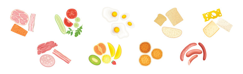 Breakfast Ingredients with Meat, Vegetable, Egg, Bread, Cheese, Pancake and Sausage Vector Set