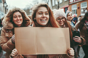 Groupe diversifié de femmes souriantes et heureuses tenant une pancarte vide pour la pour la Journée internationale de la femme - obrazy, fototapety, plakaty