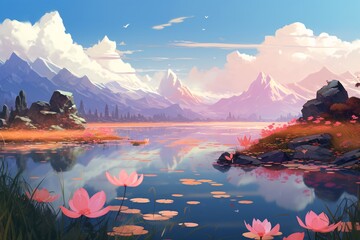 a lake with pink flowers and mountains in the background
