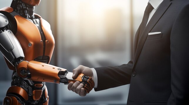 a man in a suit shaking hands with a robot