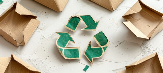 Assorted recyclable paper and cardboard materials with recycling symbol on neutral background