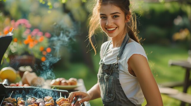 Portrait of a young female busy with doing barbeque in garden with a space for text or product, Generative AI.