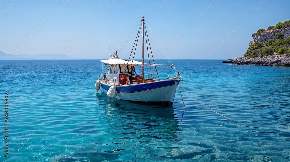 Wall mural Greek island. Wooden fishing boat moored in Aegean sea, blue sky background. 