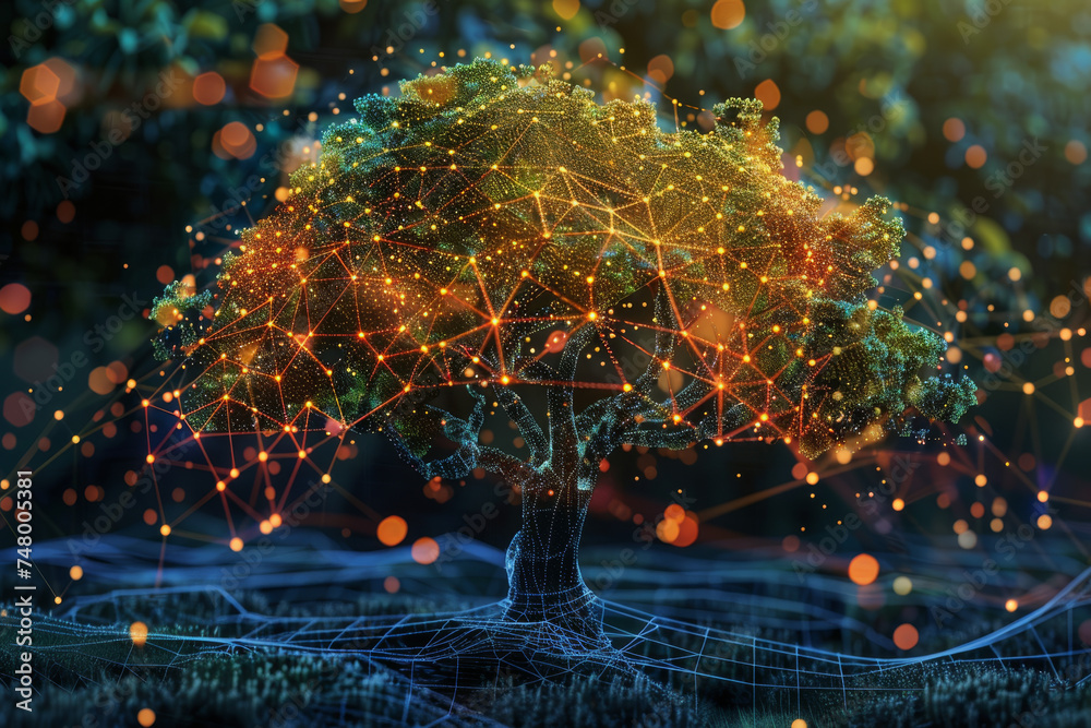Poster A computer generated image of a tree surrounded by lines and dots