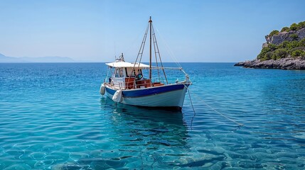 Obraz premium Greek island. Wooden fishing boat moored in Aegean sea, blue sky background. 