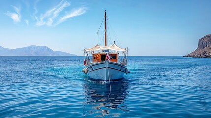 Greek island. Wooden fishing boat moored in Aegean sea, blue sky background. 