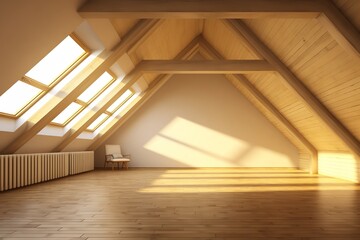 empty attic with wooden floor, single chair, and skylight, flooded with natural light. The room is spacious and bright, with a unique character created by the sloping ceiling and exposed beams.