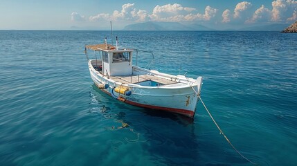 Naklejka na ściany i meble Greek island. Wooden fishing boat moored in Aegean sea, blue sky background. 