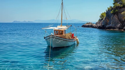 Obraz premium Greek island. Wooden fishing boat moored in Aegean sea, blue sky background. 