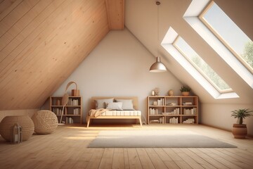 Cozy and inviting attic living room with a couch, rug, plants, artwork, and sloped ceiling. The room is decorated in a neutral color palette with white walls and light wood furniture