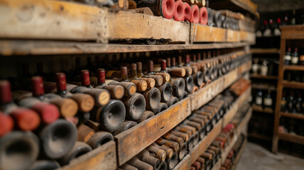 Old dusty wine cellar in France with historical wines, AI generated