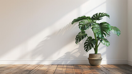 Free space of minimalist wall with mostera plants for poster background