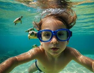 Naklejka premium Cute boy in swimming glasses swims underwater with flowing hair next to turtles