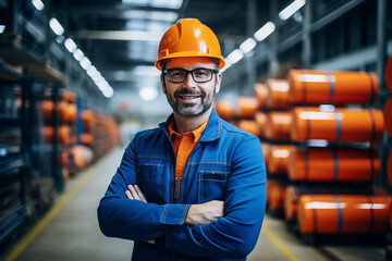 Confident Industrial Worker with Safety Gear in Organized Warehouse