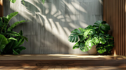 Free space of minimalist wall with mostera plants for poster background