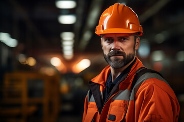 A worker in special clothes at a factory in a helmet against the background of production
