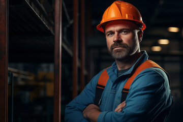 A worker in special clothes at a factory in a helmet against the background of production