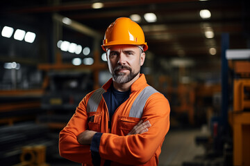 A worker in special clothes at a factory in a helmet against the background of production