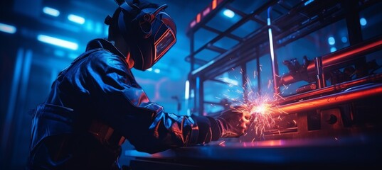 Close up of professional welding on medium sized pipe with blue light background, space for text.