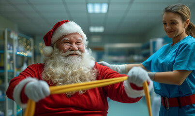 Santa Claus in rehabilitation clinic doing rehabilitation exercises - obrazy, fototapety, plakaty