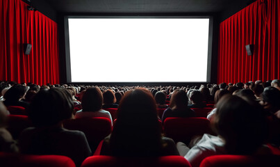 Cinema full with people watching  a movie with blank screen