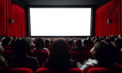 Cinema full with people watching  a movie with blank screen