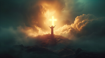 Silhouette of person praying to GOD in front of majestic clouds with glowing cross