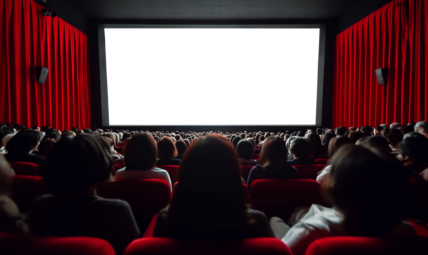 Cinema full with people watching  a movie with blank screen