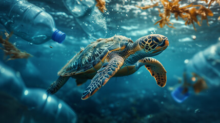 Fototapeta premium plastic pollution with turtle swimming underwater between discarded plastic bottles