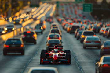 Fototapeta na wymiar Formula one car stuck in the rush hour jam
