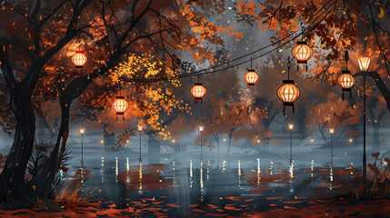 The autunm park with lanterns